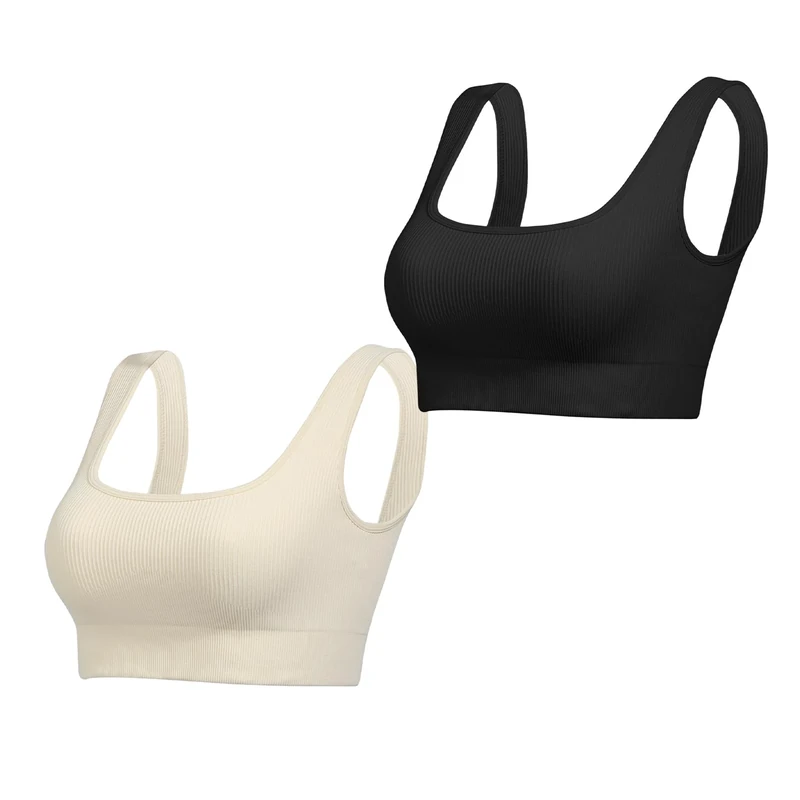 Lemef Sports Bras for Women Square Neck Ribbed Bralette Seamless Medium Support Yoga Crop Tank Workout Tops No Padded Black Beige M