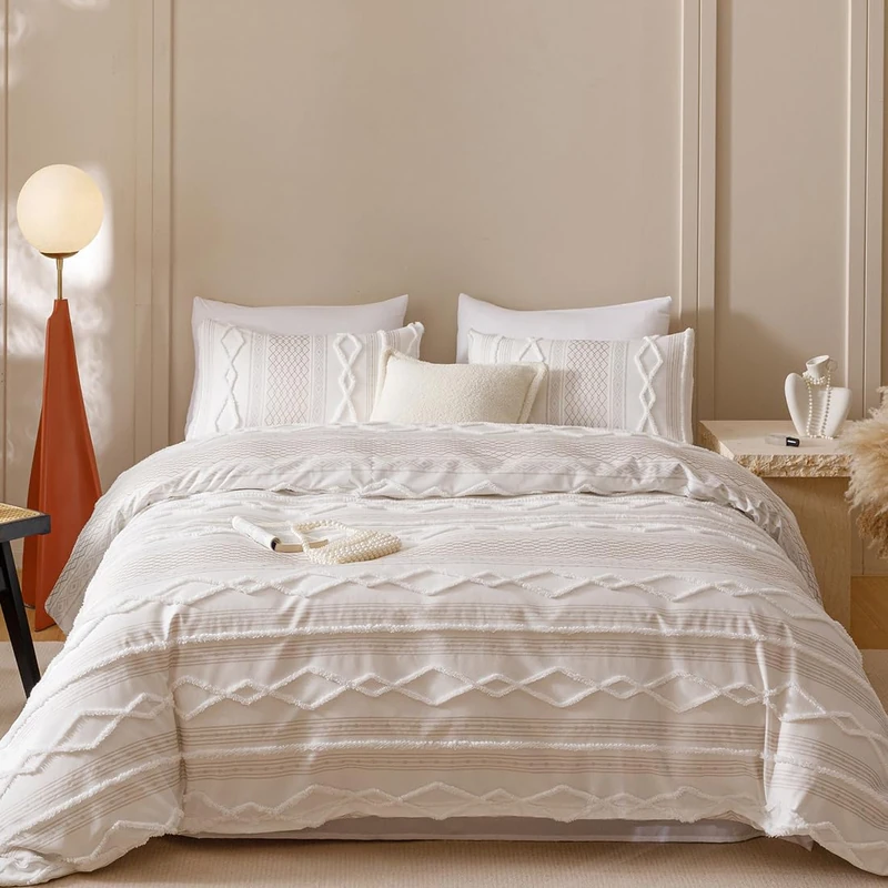 CLOTHKNOW Ivory Bohemian Queen Comforter Set Jacquard Stripes Bedding Sets