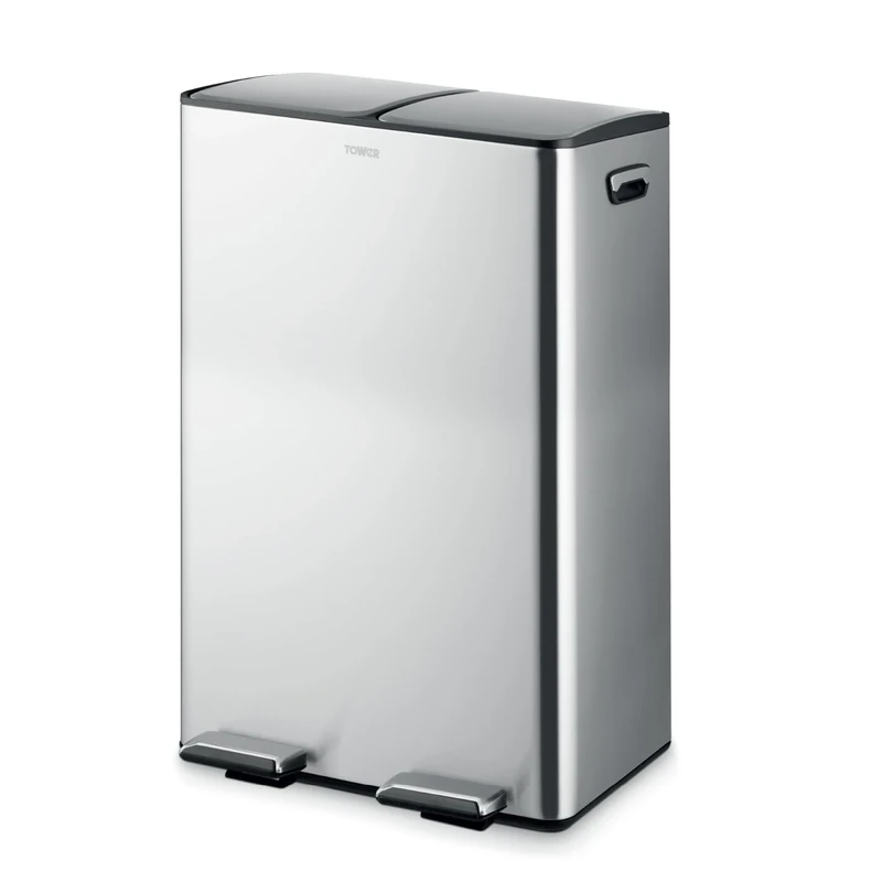 Tower Recycling Pedal Pin with Two 30L Compartments, Two Inner Buckets, Stainless Steel Body, 60L, Stainless Steel, Silver