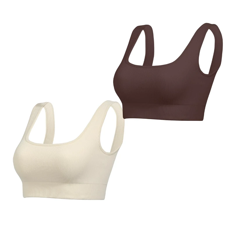 Lemef Sports Bras for Women Square Neck Ribbed Bralette Seamless Medium Support Yoga Crop Tank Workout Tops No Padded Beige Coffee L