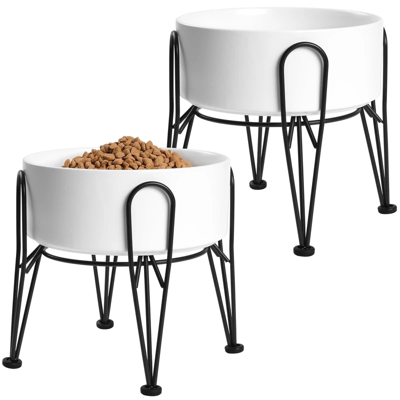 Kitwinney Elevated Dog Bowls, Ceramic Raised Dog Bowl Set with Anti-Slip and Non-Tip Metal Stand, 2 Pack Pet Food and Water Feeding Bowls for Small and Medium Dogs (White,7.6 Cups)