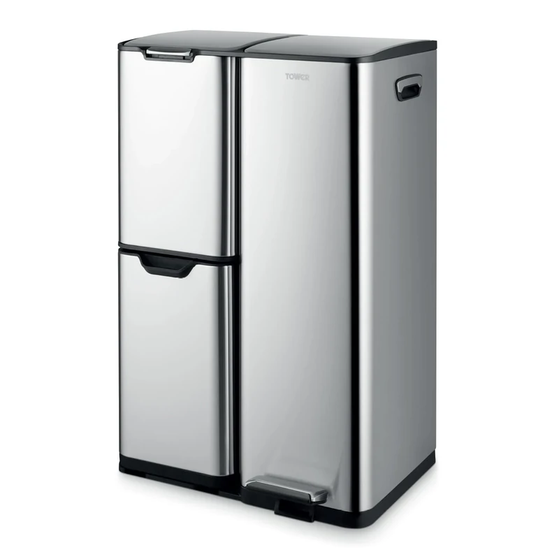 Tower Recycling Pedal Bin, Three Individual Compartments with Removable Inner Buckets, Carbon Steel Body, 60L, Silver
