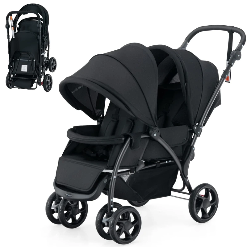 FANTASK Folding Twin Pushchair with Adjustable Backrest and Hood, for Babies from 6 Months, 30 kg Load Capacity (Black)