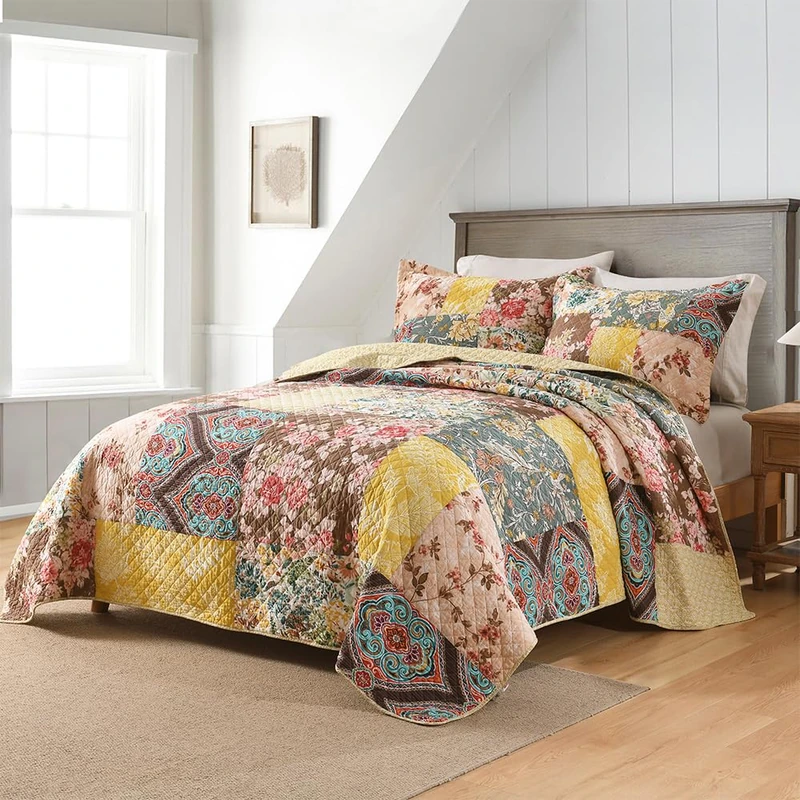 Autumn Dream Cotton Bedspread Yellow Floral Bedding Quilt Sets, King Size
