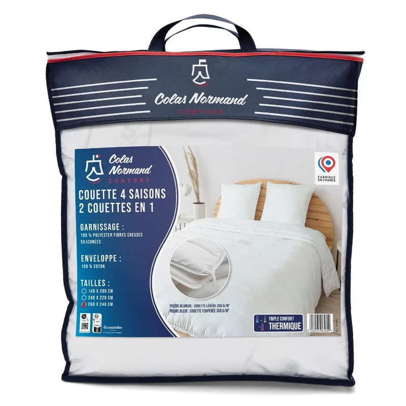 COLAS NORMAND – 4 Seasons Duvet – 2 Duvets in 1 with Ties – Light and Temperate – 100% Cotton – 260 x 240 cm – Ideal for All Seasons – Made in France