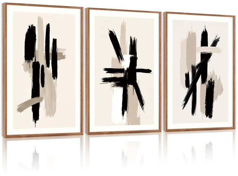 LHIUEM Grey Black Brown Framed Wall Art,Grey Abstract Pictures Set of 3(16”X24”) Minimalist Beige Cream Canvas Wall Art,Dance Lines Large Paintings,Blie Gray Wall Decor,Modern Room Decor for Bedroom