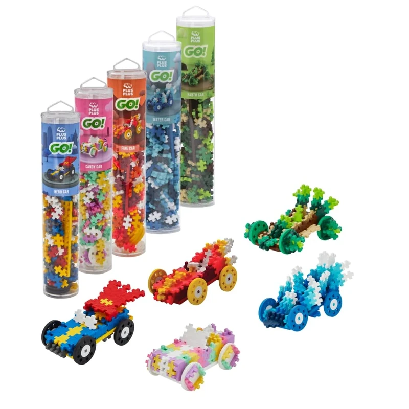 PLUS PLUS Go Cars Bundle - 5 x 200 pc tubes, Superhero Car + Candy Car + Fire Car + Water Car + Earth Car