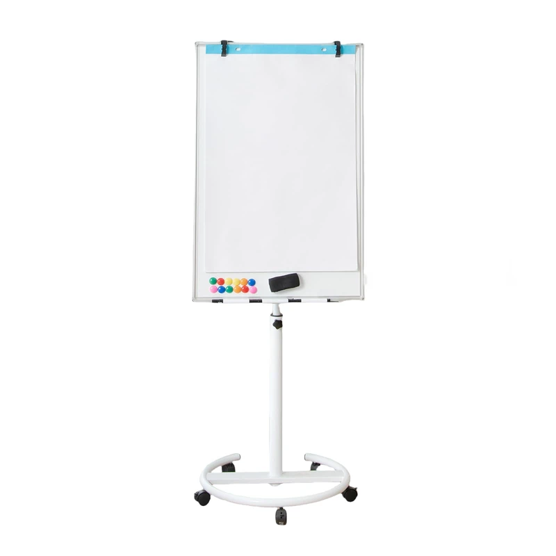 FANTASK Flipchart Stand, 100 x 65 cm, Mobile Whiteboard on Wheels, Height Adjustable up to 192 cm, Dry Erase, Magnetic, Flip Chart with Round Stand, Magnets, Markers & Erasers, White
