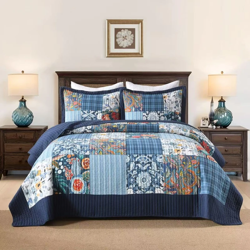 Autumn Dream Cotton Bedspread Blue Bedding Quilt Set, Queen Size