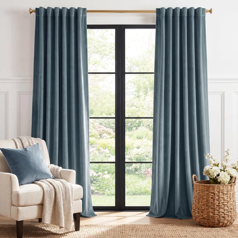 StangH Stone Blue Velvet Curtains for Kids Bedroom 94 inches Long Back Tab Soft Thermal Insulated Room Darkening Window Drapes Home Decor for Living Room, W52 x L94, 2 Panels