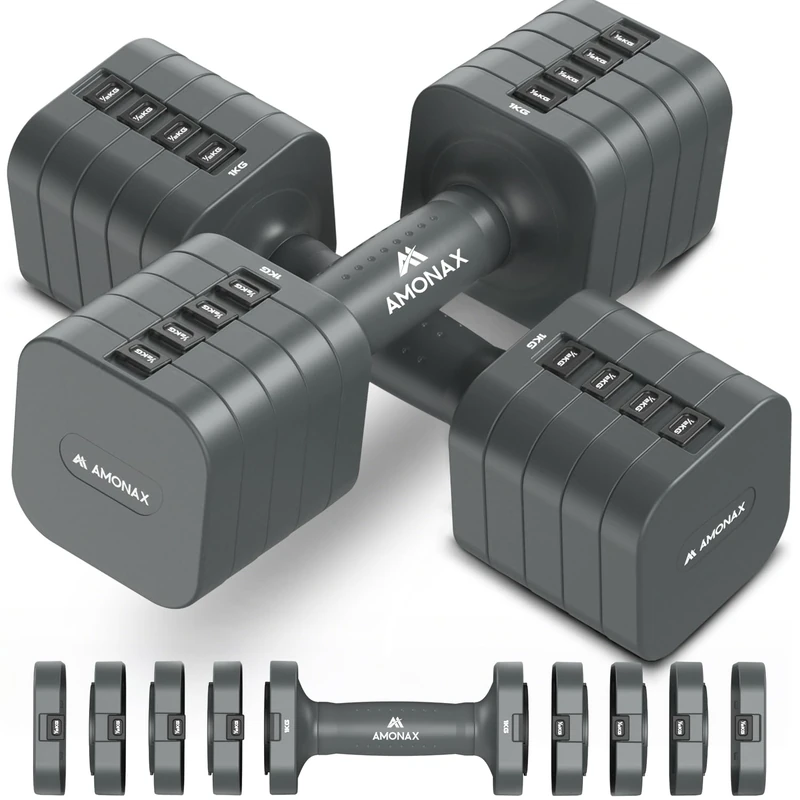 Amonax Adjustable Dumbbells Set, 1kg/2kg/3kg/4kg/5kg Dumbbell Pair, 4-in-1 and 5-in-1 Weights Dumbbells Set Women Men, Free Weights for Home Gym (Grey, 5kg x 2)