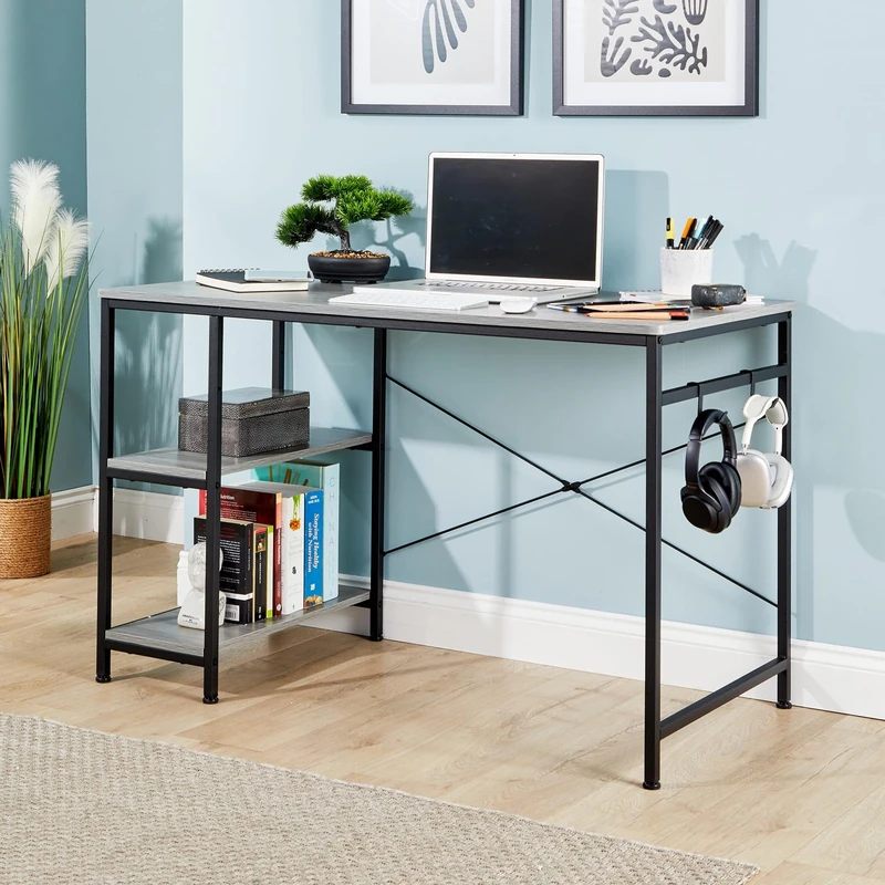Home Source Stanton Computer Desk PC Laptop Table Home Office Study Gaming, Grey Oak Effect