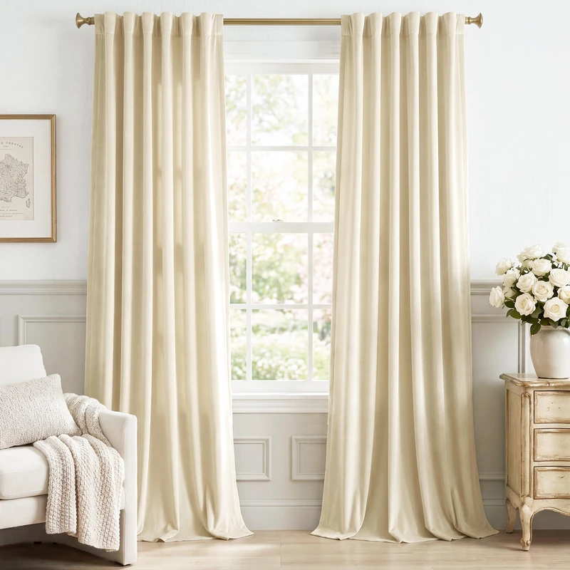 StangH Beige Velvet Curtains 94 inches Long Back Tab Soft Thermal Insulated Light Filtering Window Drapes Privacy Home Decor for Bedroom Living Room, W52 x L94, 2 Panels