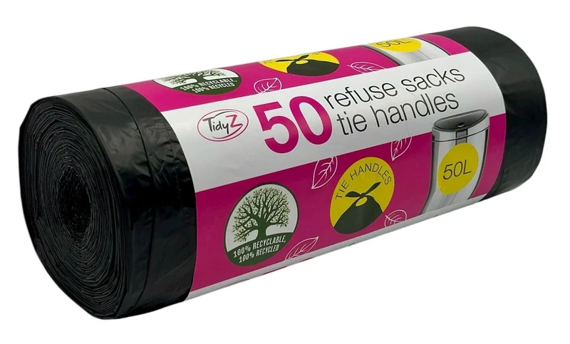 50 TidyZ Heavy-Duty Black Bin Bags. Made from 100% Recycled Plastic. Extra Strong Refuse Sacks with Tie Handles. 50L. For Kitchen, Office and General Household Waste