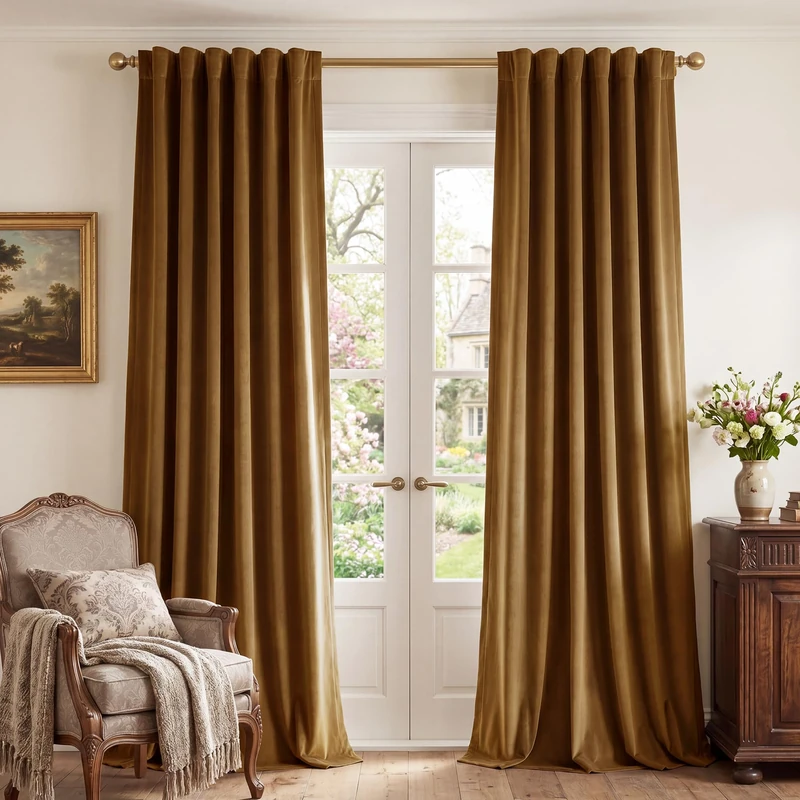 StangH Gold Brown Velvet Blackout Curtains 132 inches High Ceiling Tall Winter Curtains Back Tab Thermal Insulated Door Drapes for Living Dining Room Office, W52 x L132, 2 Panels