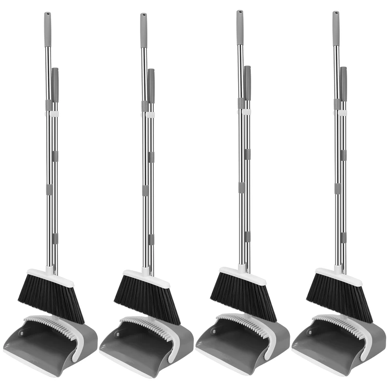 NACENA Broom and Dustpan Set, 52-in Long Adjustable Handle Broom Dustpan Combo with Dustpan Teeth to Automatically Clean Hair Suitable for Home Kitchen Office Hall Floor (Grey&White), 4 Pack