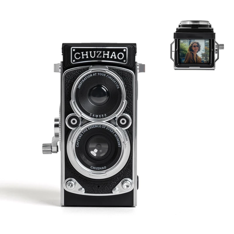 CHUZHAO Retro Digital Camera with Time Stamp, Portable TLR Vintage Camera 1080P FHD Video 12MP Photos Autofocus Mini Vlogging Camera with 16GB Card for Beginners Teens Adults, Black