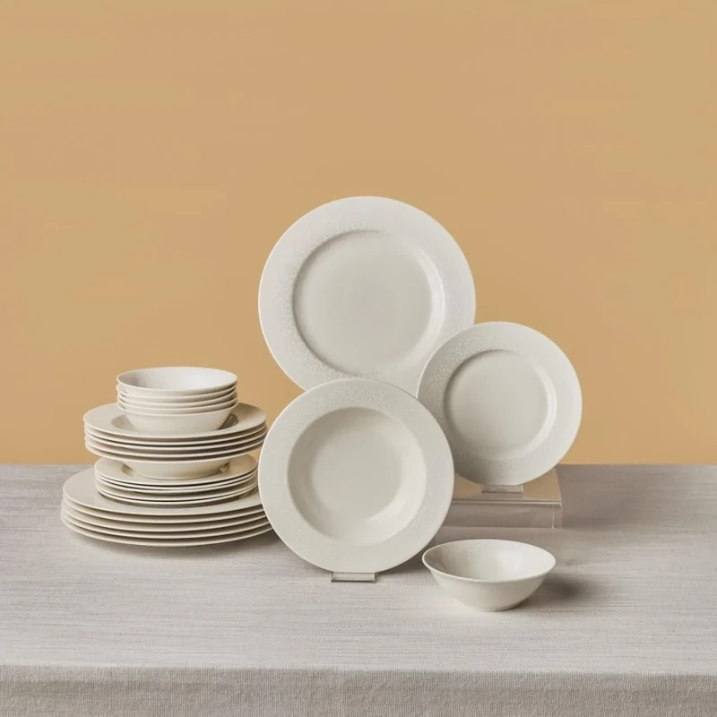 Karaca New Dome Dinnerware Sets for 6 People, 24-Piece Modern Kitchen Dish Set, Bone China Dishwasher Safe White Plates and Bowls Sets, Durable & Elegant