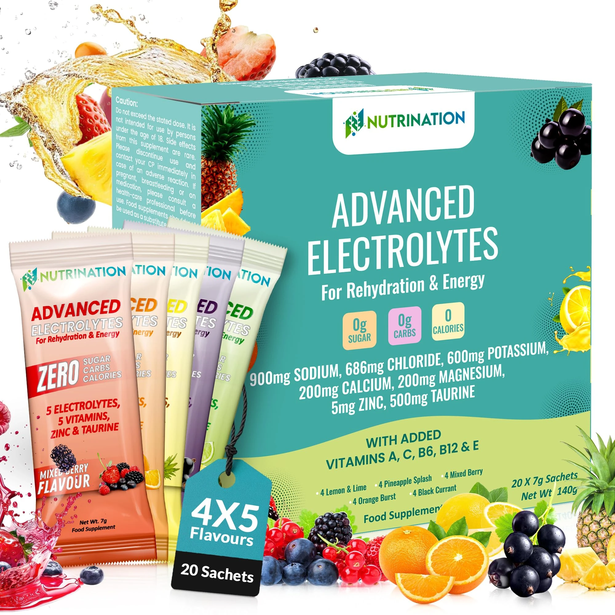 Advanced Electrolytes Sachets – High Strength Hydration Sachets with 5 Electrolytes, 5 Essential Vitamins & 500mg Taurine for Energy Support – Zero Sugar, Zero Calories – Variety Pack of 20