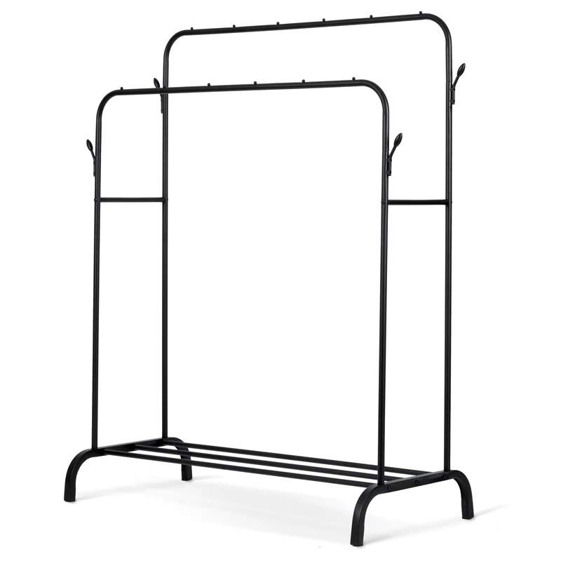 Massido Clothes Rack Metal Lightweight Shoe Rack 2 Bars 4 Hooks 10 kg Load Capacity Black - Image 1