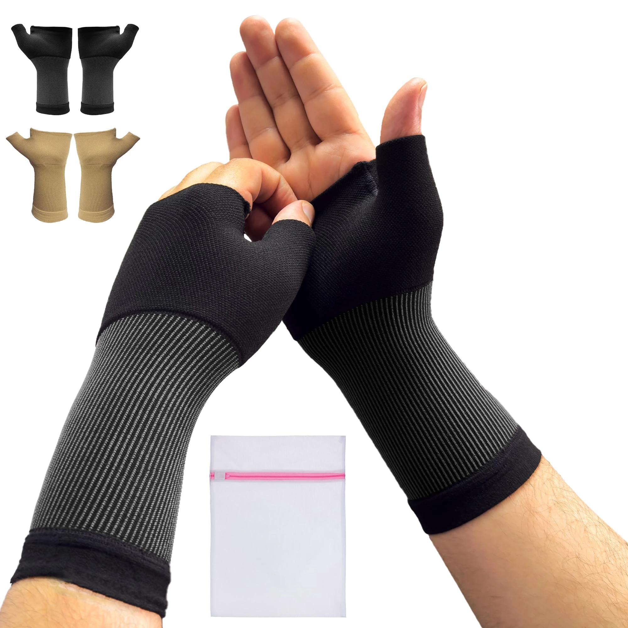 360 RELIEF Wrist & Thumb Support – Compression Sleeve for Comfort & Stability | Joint & Hand Support for Men & Women | 1 Pair (Small, Black) with Mesh Laundry Bag