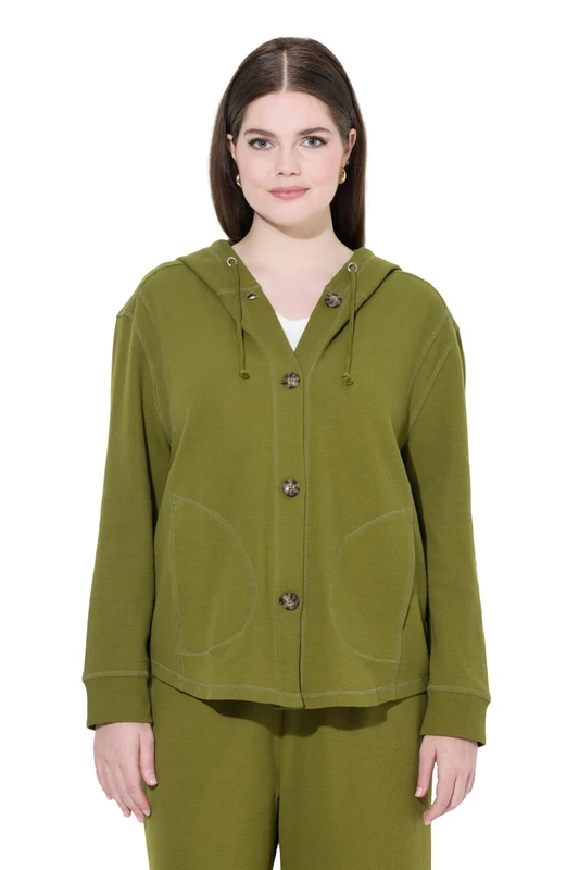Ulla Popken Womenswear Plus Size Curvy Eco Cotton Waffle Texture Long Sleeve Hoodie Leaf Green 54+ 827091437-54+