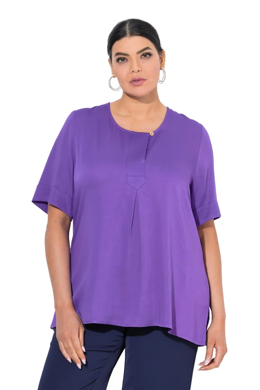 Ulla Popken Womenswear Plus Size Curvy Quilted Placket Round Neck Short Sleeve Blouse amethist 42+ 792119833-42+ - Image 1