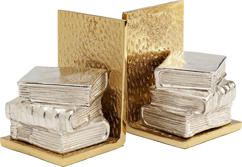 Kare Design Bookend Corner (2/Set), Gold/Silver, Aluminium, 23x15x12 cm, Bookshelf Decor, Accessoire, Hand-Painted, Book Holder, Book Motif, Living Room, Bedroom