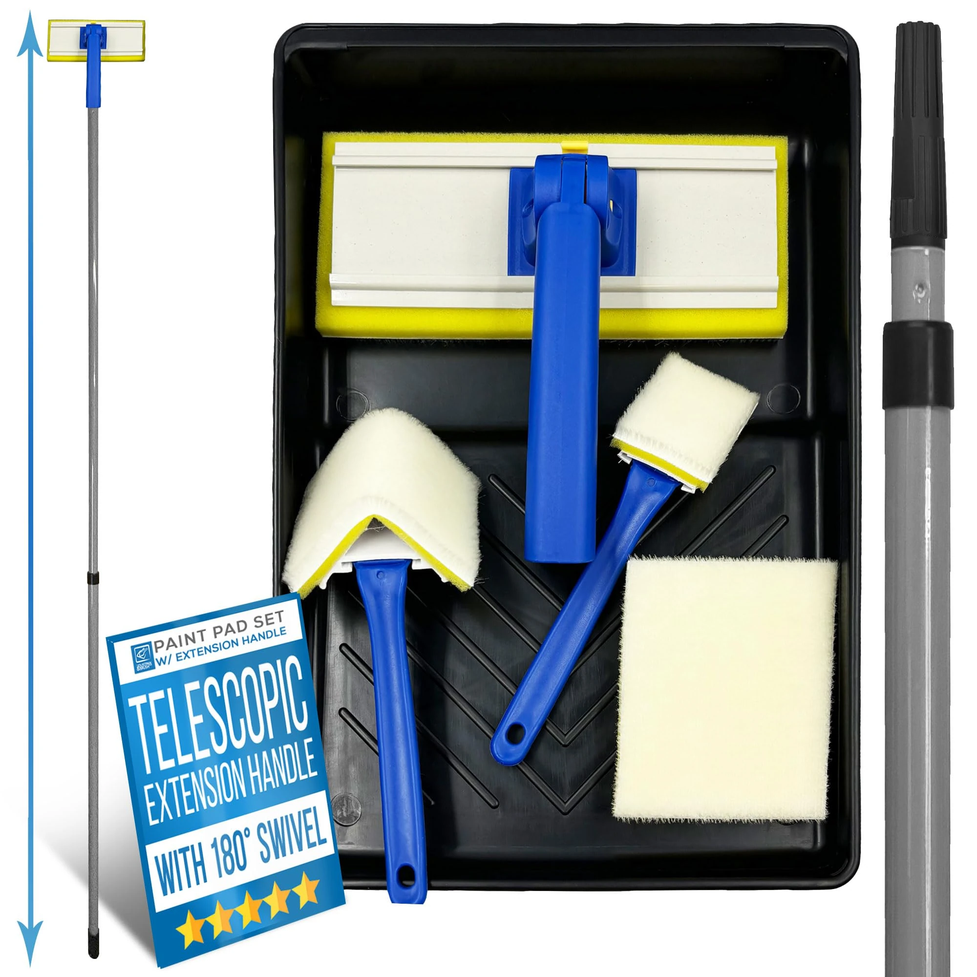 Paint Pad Set with Handle - Paint Pads for Walls and Ceilings - Includes Large, Medium, Small, Triangle, Flat Paint Pads, Telescopic handle for Decorating - Interchangeable Heads