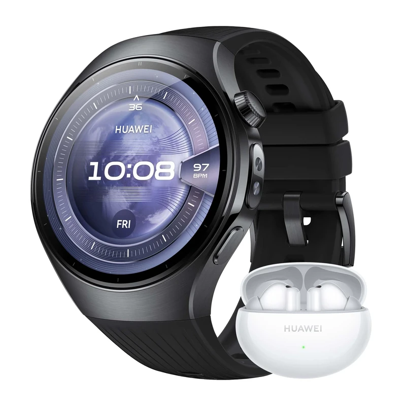 HUAWEI WATCH 5 46mm Black + FreeBuds 6i White, Multi-sensing X-TAP, Real-Time Fingertip Blood Oxygen, up to 11 Days Battery Life, eSIM, Aerospace-Grade Titanium/Stainless Steel, iOS & Android