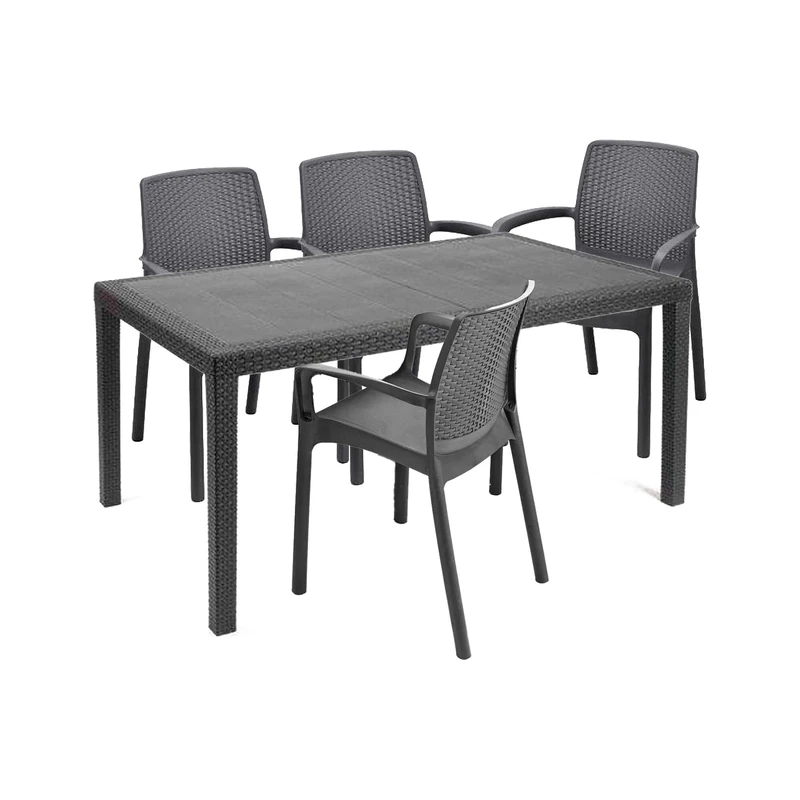 Dmora - Outdoor lounge set Roccaraso, Outdoor and indoor lounge set, Fixed rectangular table with 4 stackable chairs, Made in Italy, Anthracite