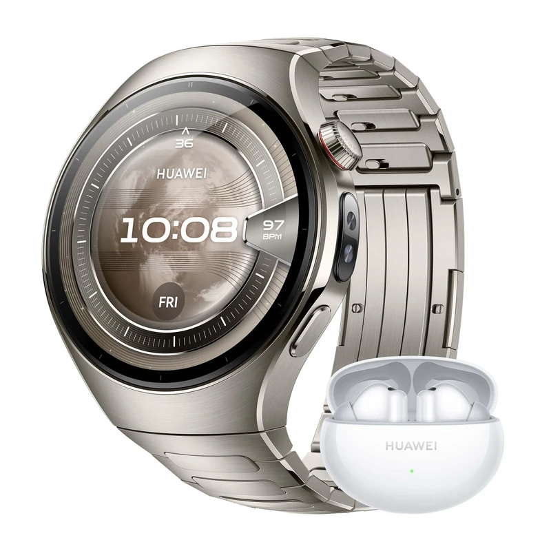 HUAWEI WATCH 5 46mm Silver + FreeBuds 6i White, Multi-sensing X-TAP, Real-Time Fingertip Blood Oxygen, up to 11 Days Battery Life, eSIM, Aerospace-Grade Titanium/Stainless Steel, iOS & Android