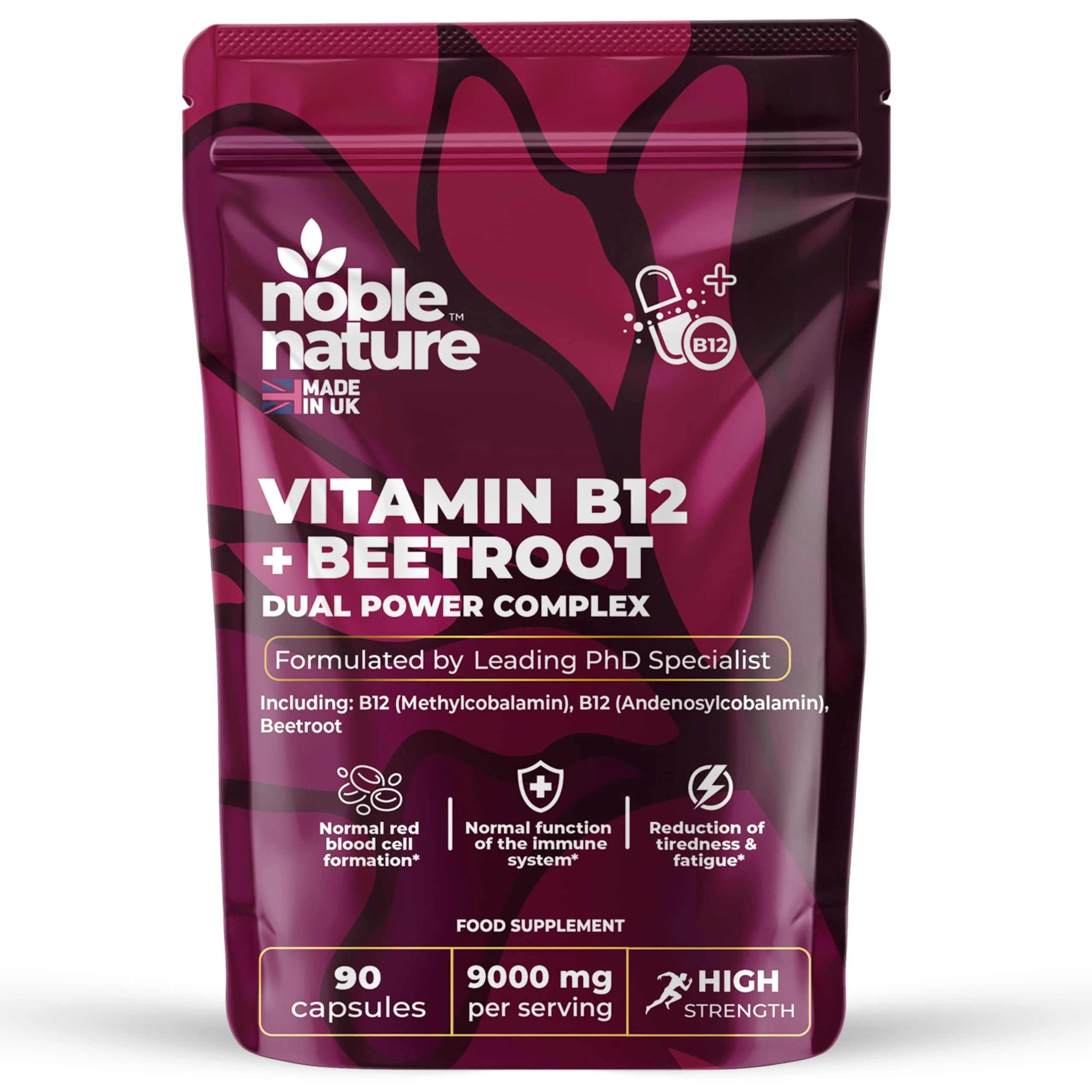Beetroot & Vitamin B12 Complex – 9000mg Beetroot + 1000mcg Dual B12 (Methylcobalamin & Adenosylcobalamin) – Energy & Immune Support – 180 Capsules – UK Made (180)