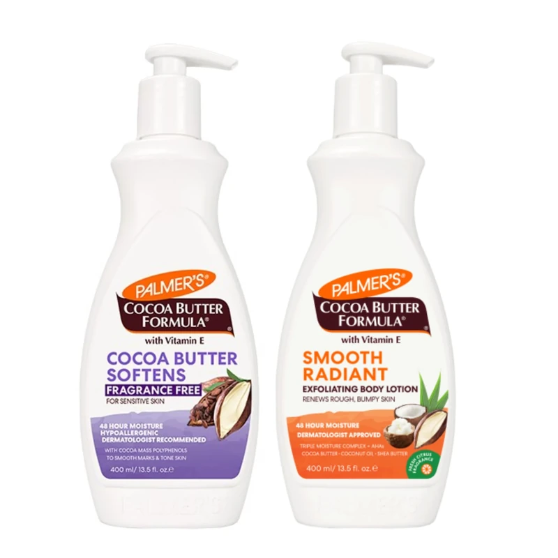 Palmer's Cocoa Butter Lotion Duo – Fragrance-Free Softening & Smooth Radiant Exfoliating Body Lotion 400ml – 48HR Moisture for Sensitive, Dry & Bumpy Skin – With Vitamin E & Natural Ingredients