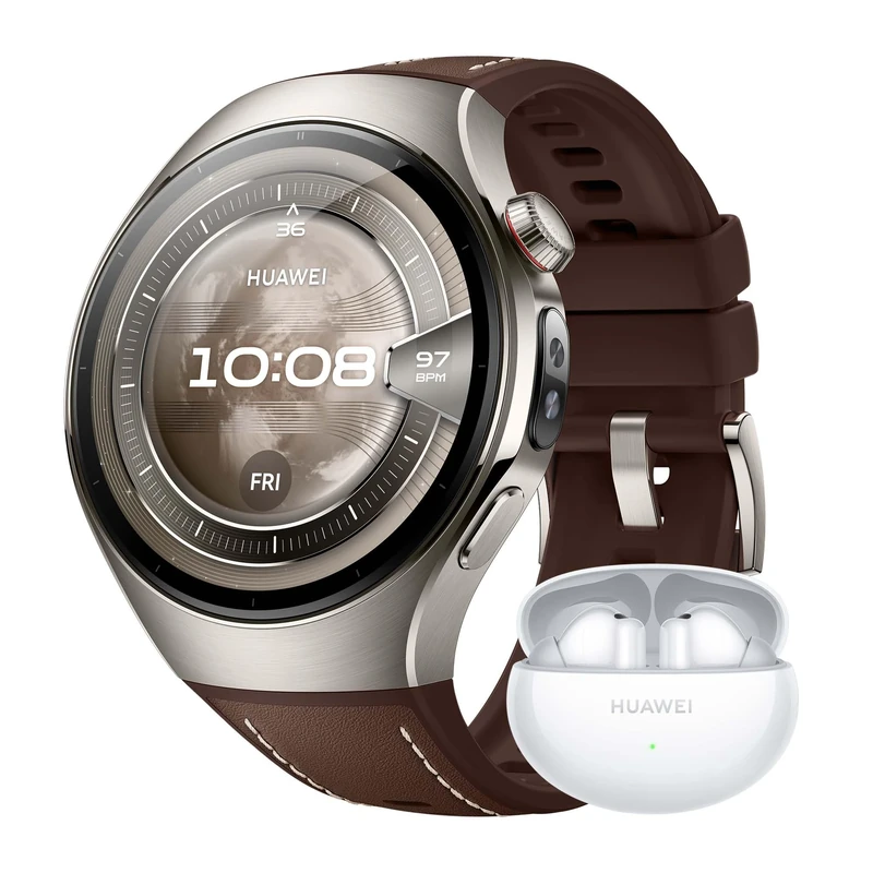 HUAWEI WATCH 5 46mm Brown + FreeBuds 6i White, Multi-sensing X-TAP, Real-Time Fingertip Blood Oxygen, up to 11 Days Battery Life, eSIM, Aerospace-Grade Titanium/Stainless Steel, iOS & Android