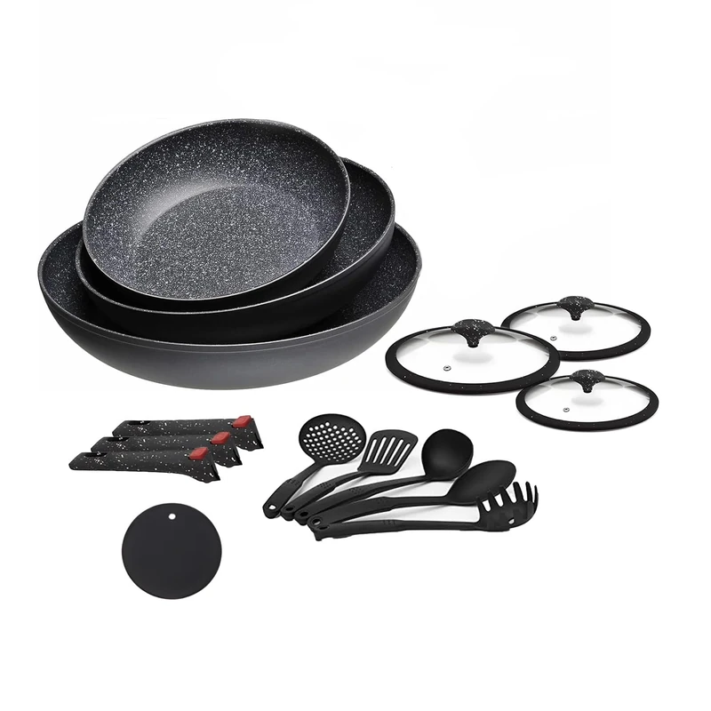 Wintem 12-Piece Black Non-Stick Frying Pan Set - Stone Effect Induction Frying Pan Set with Removable Handles | Kitchen Utensils with Glass Lids - Image 1