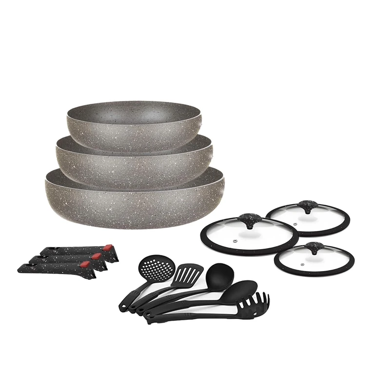 Wintem 12-Piece Grey Non-Stick Frying Pan Set - Stone Effect Induction Pan with Removable Handles | Kitchen Utensils with Glass Lids - Image 1