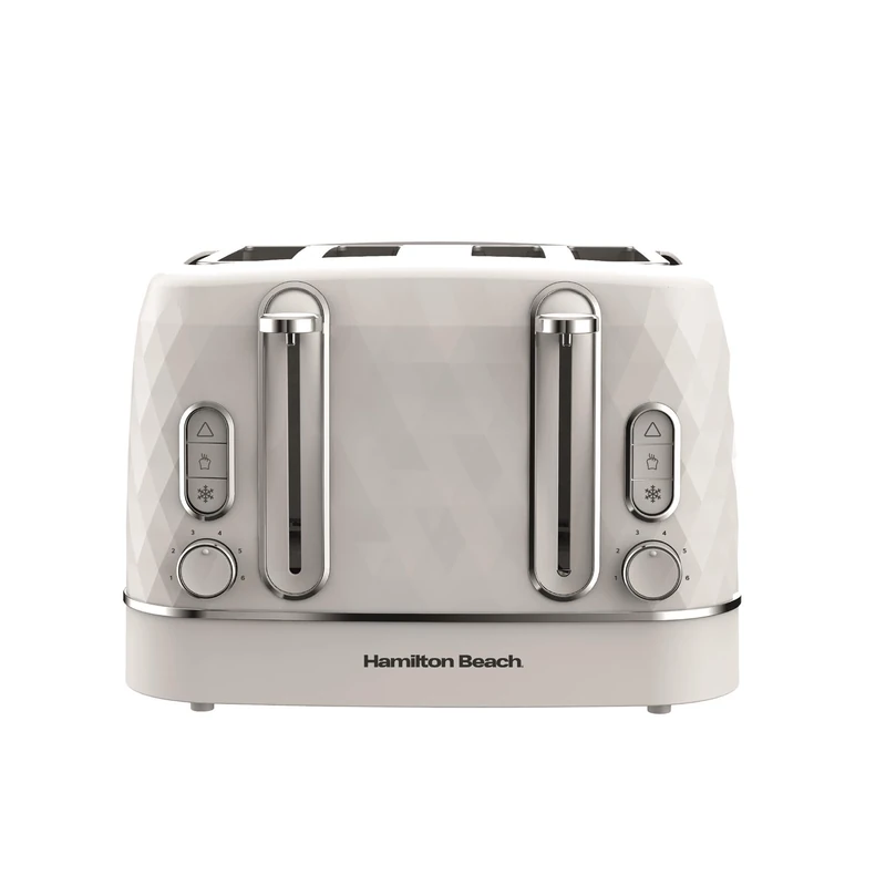 Hamilton Beach Toaster 4 Slice, Diamond, 2300W, 6 Browning Controls, Defrost, Reheat & Cancel Settings, Removable Crumb Tray, High Lift Eject, White - HBT3221W