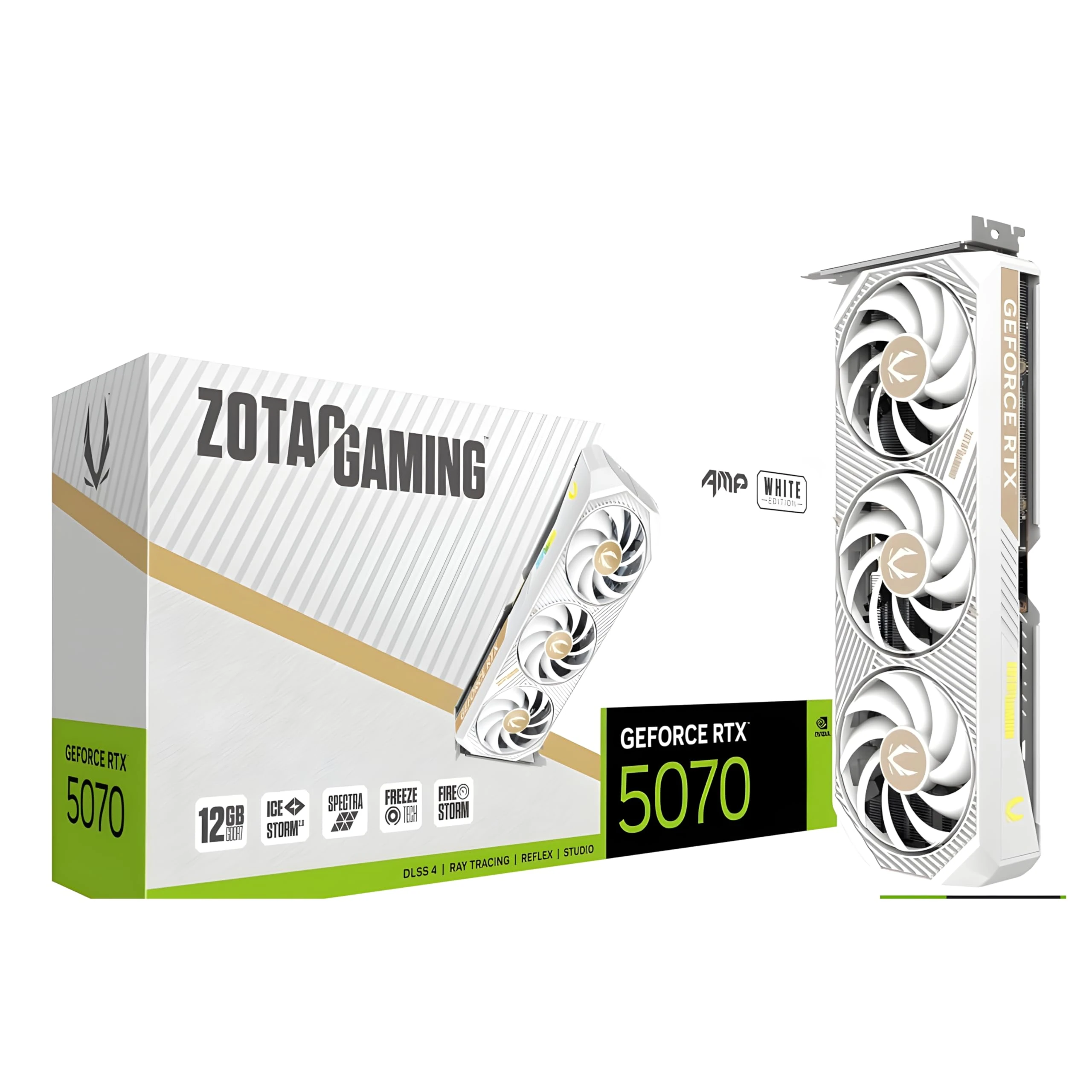 ZOTAC Gaming Geforce RTX 5070 AMP Graphics Card - White Edition | 12 GB | DLSS 4 | GDDR7 | 192 Bit | Icestorm 2.0 Advanced Cooling | Triple Fan | SFF Ready | Spectra RGB | ZT-B50700FQ-10P