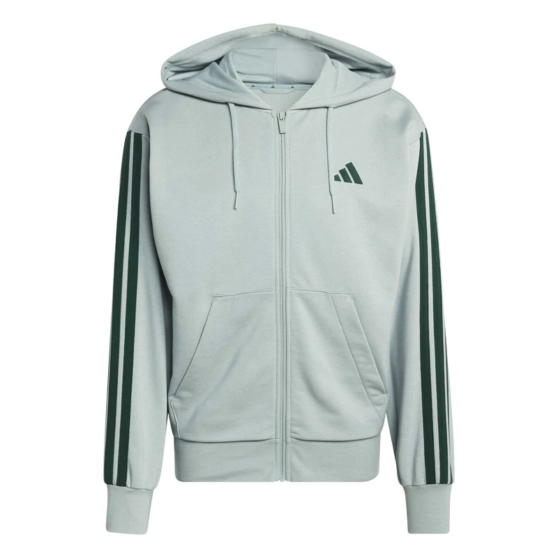 adidas Men's ESSENTIAL THREE STRIPES FRENCH TERRY FULLZIP HOODIE, Wonder Sage/collegiate green, XXS