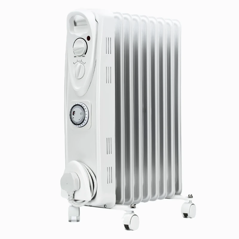 STATUS 9-Fin Oil Filled Radiator 2000W, 3-Heat Settings with 24-Hour Timer and Adjustable Thermostat, Overheat & Tip-Over Protection, Easy-Roll Castors, White, Electric Heater (OFH9-2000WT1PKB)