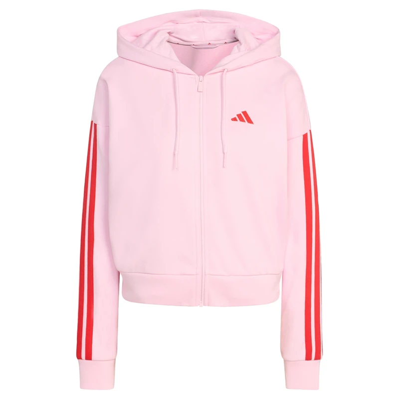 adidas Women's ESSENTIALS 3-STRIPES FRENCH TERRY FULL ZIP HOODIE, clear pink/pure ruby, XXS