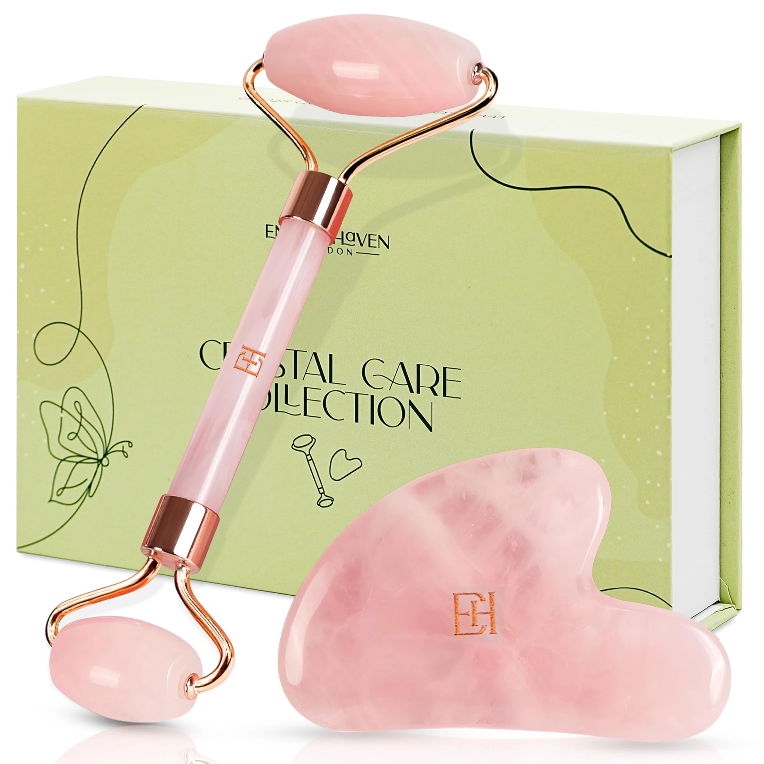Enigma Haven London® Rose Quartz Roller & Gua Sha Set – Authentic Face Massage Tools for Women and Men | Reduce Puffiness, Soothe Muscles & Sculpt Jawline Ultimate Self-Care Skincare Gift