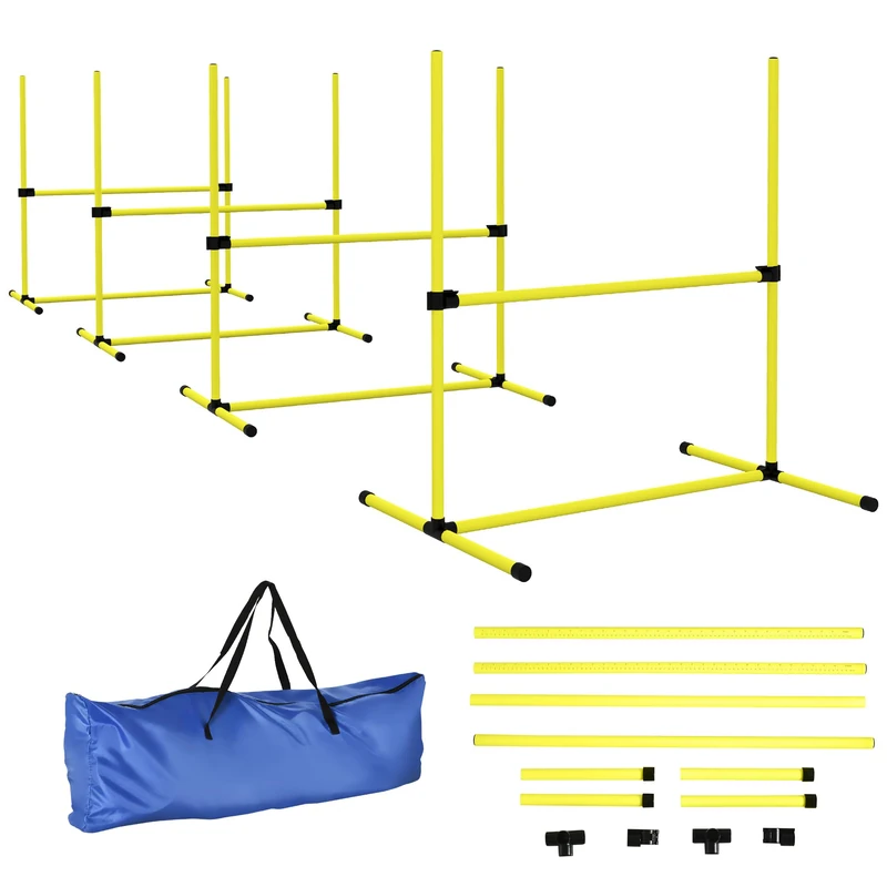 PawHut Dog Agility Equipment Training Height Adjustable Jumps Hurdle 4 Pieces with Carrying Bag for Outdoor, Yellow