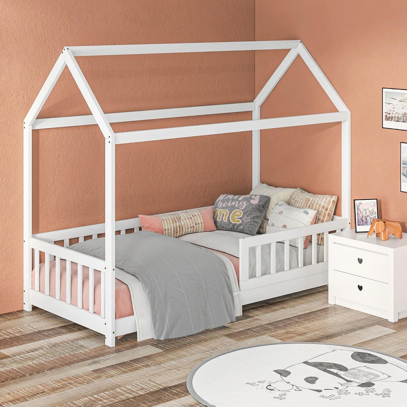 HOMCOM Toddler Bed Kids Single Bed Frame, House-Shaped Solid Pine Wood with Guard Rails for Kids Boys and Girls, White