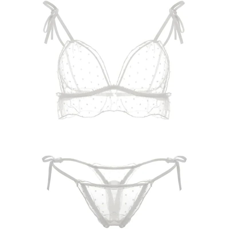 HOTSO Women Sexy Bra and Panties Set 2 Pieces Floral Lace Potka Dot Lingerie Transparent Tulle Underwear Strappy Chemise Push Up Thong for Valentine Wedding White