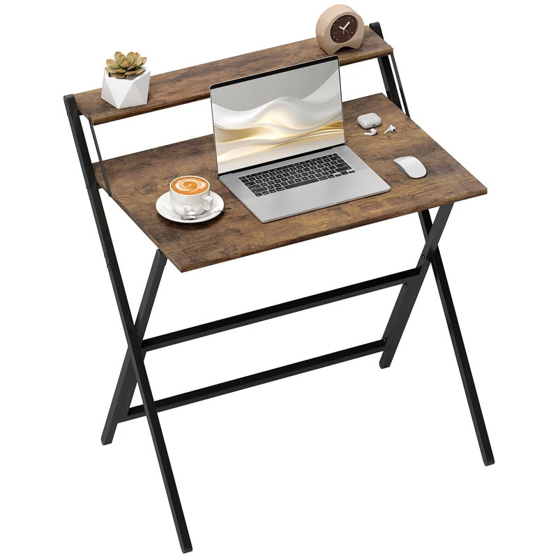HOMCOM Folding Desk with Monitor Shelf, 81.5 cm Foldable Computer Desk for Small Spaces, Space Saving Writing Table Workstation for Home Office, Study, Easy Assembly, Rustic Brown