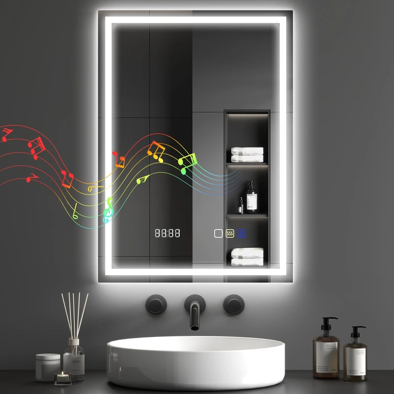 HOMCOM 500 x 700 mm Bluetooth LED Bathroom Mirror, Illuminated Backlit Vanity Mirror with 3 Colours Dimmable, Clock, Anti-Fog, Memory Function, Touch Sensor, IP44