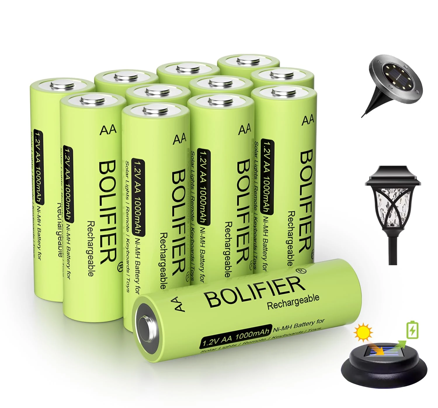 BOLIFIER Rechargeable AA Battery for Outdoor Solar Lights, 12 Pack 1.2V NiMH 1000mAh Pre-Charged Double A Solar Battery for Garden Landscaping Outdoor Solar Lights (AA 1000mAh Pack 12)