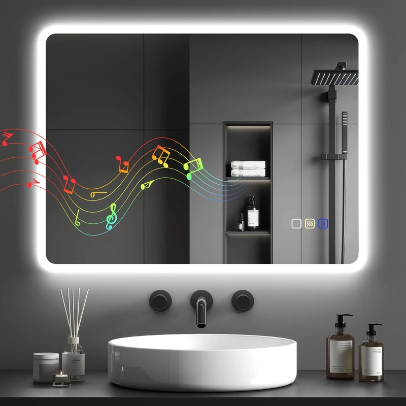 HOMCOM 600 x 800 mm Backlit Illuminated Bathroom Mirror with LED Lights and Bluetooth, Wall Mounted Vanity Mirror with 3 Colours Dimmable, Anti-Fog, Memory Function, Touch Switch, IP44